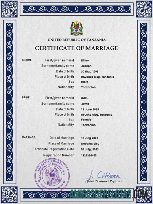 Para baixar modelo PSD de certidão de casamento da Tanzânia